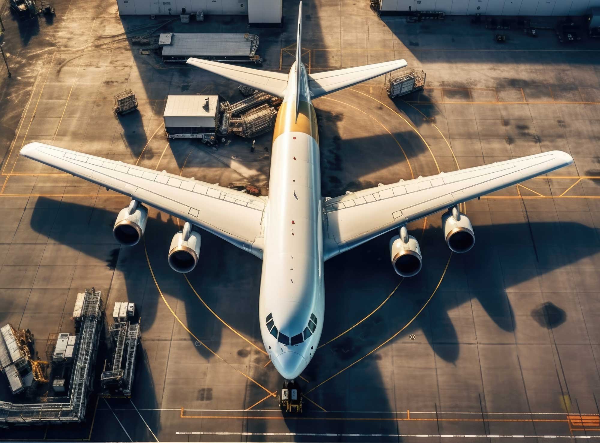 overhead shot of an airplane on a runway