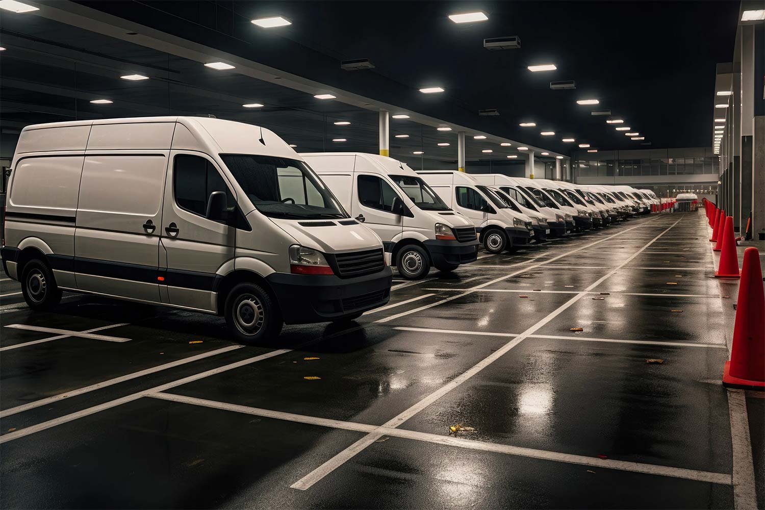 A fleet of parked Sprinter vans, ready to go